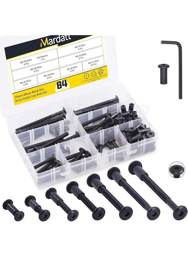 Mardatt Mardatt 85pcs 7 Sizes M6x20mm/30mm/40mm/50mm/60mm/70mm/80mm Black Hex Socket Cap Bolts and Barrel Nuts Assortment Kit, Crib Bolts Binding Screw Post for Belt Buckle Leather Furniture  - Image 1