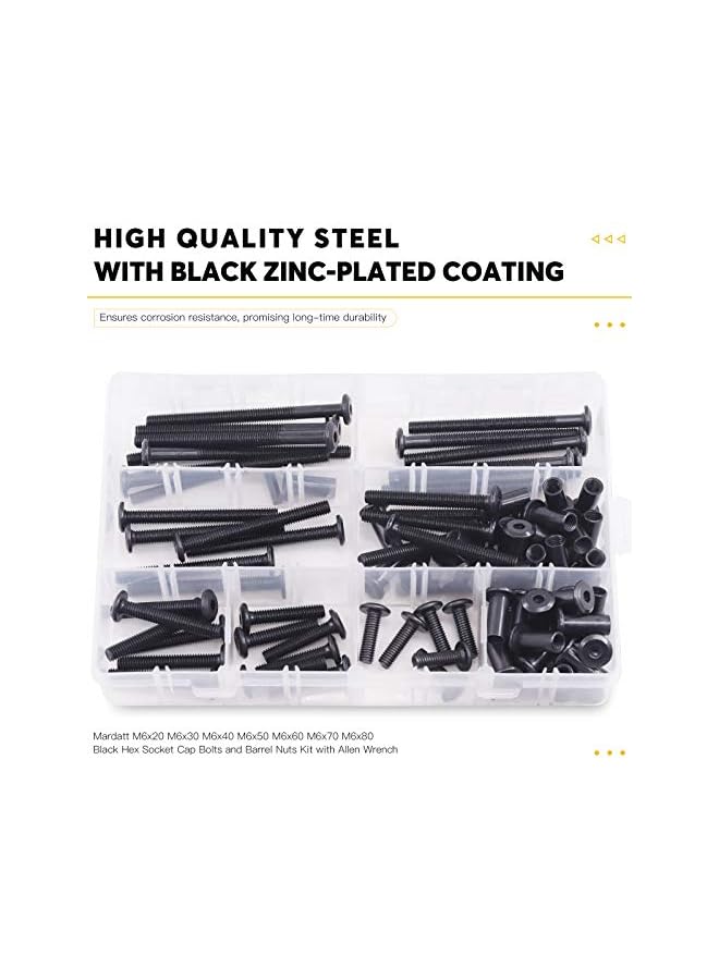 Mardatt Mardatt 85pcs 7 Sizes M6x20mm/30mm/40mm/50mm/60mm/70mm/80mm Black Hex Socket Cap Bolts and Barrel Nuts Assortment Kit, Crib Bolts Binding Screw Post for Belt Buckle Leather Furniture  - Image 5
