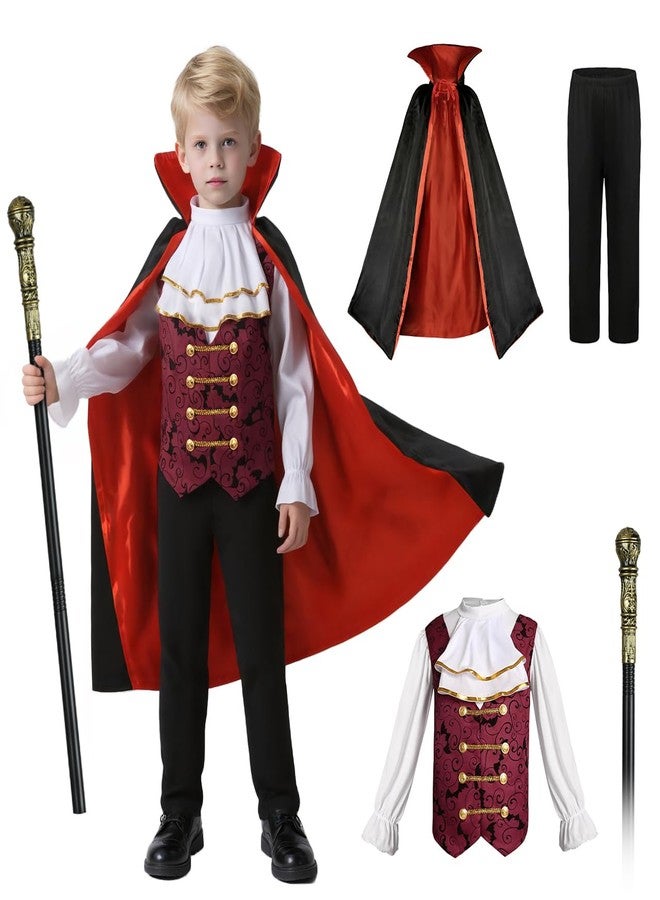 VZQI Kids Vampire Costume for Boys Bat Halloween Vampire Costumes for Kids Halloween Scary Cloak with Cane 3'4''-3'9'' Red - Image 1