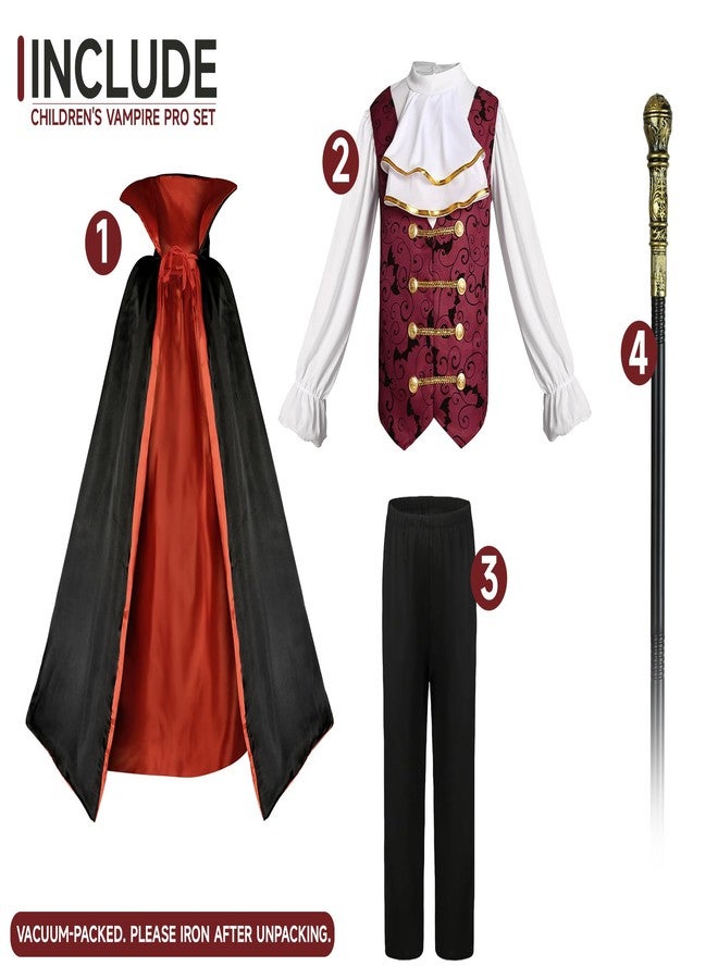 VZQI Kids Vampire Costume for Boys Bat Halloween Vampire Costumes for Kids Halloween Scary Cloak with Cane 3'4''-3'9'' Red - Image 2