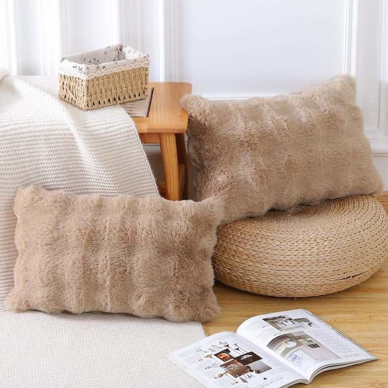 MADIZZ Pack of 2 Thick Plush Wool Throw Pillow Covers 12x20 Inch Camel Soft Neutral Decorative Throw Pillows Accent Boho Cushion Covers for Couch Sofa Bedroom Pillow Shell - Image 2