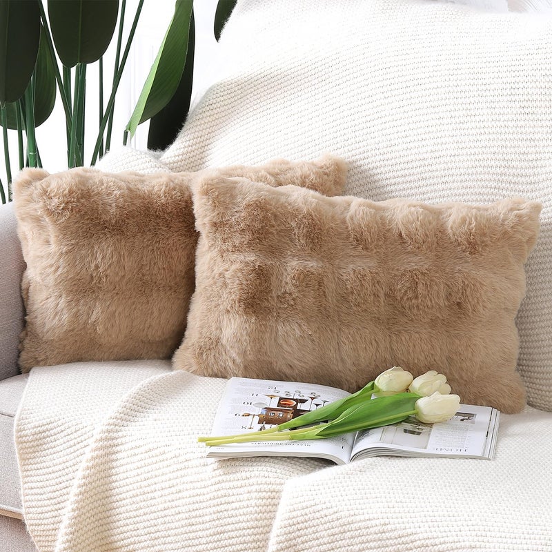 MADIZZ Pack of 2 Thick Plush Wool Throw Pillow Covers 12x20 Inch Camel Soft Neutral Decorative Throw Pillows Accent Boho Cushion Covers for Couch Sofa Bedroom Pillow Shell - Image 1