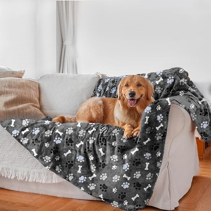 AIWEK Waterproof Dog Blanket Pattern Printing Super Soft Warm Fluffy Facecloth Sofa Car Bed Protector Urine Proof Washable Outdoor Pet Blanket for Puppy Large Dogs Catspaw Bone4030