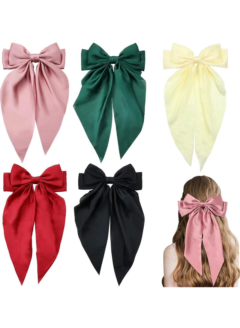 سونسر 5 قطع من أقواس شعر كبيرة الحجم من الساتان إكسسوارات شعر مع شريط ذيل طويل مشابك عقدة شعر عملاقة - Image 1