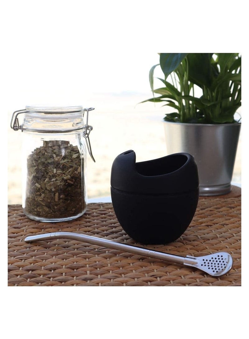Captaintech Reusable Silicone Cups, Silicone Mate Gourd Cup Mug Gourd Set With Stainless Steel Straw Filter To Drink Tea And Yerba Mate Drinking, BPA Free, Easy To Clean, 180 Ml (Black) - Image 2