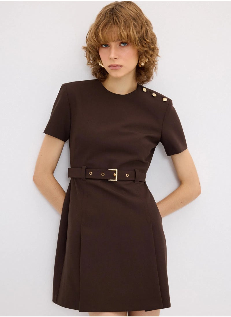 Brown Button Detail Dress | Elegant Office Wear with Pleated Design - pzsku/ZEF134B548FF0882D19B1Z/45/_/1732693537/6ce79280-b3c0-49f2-b865-46d651f3993a