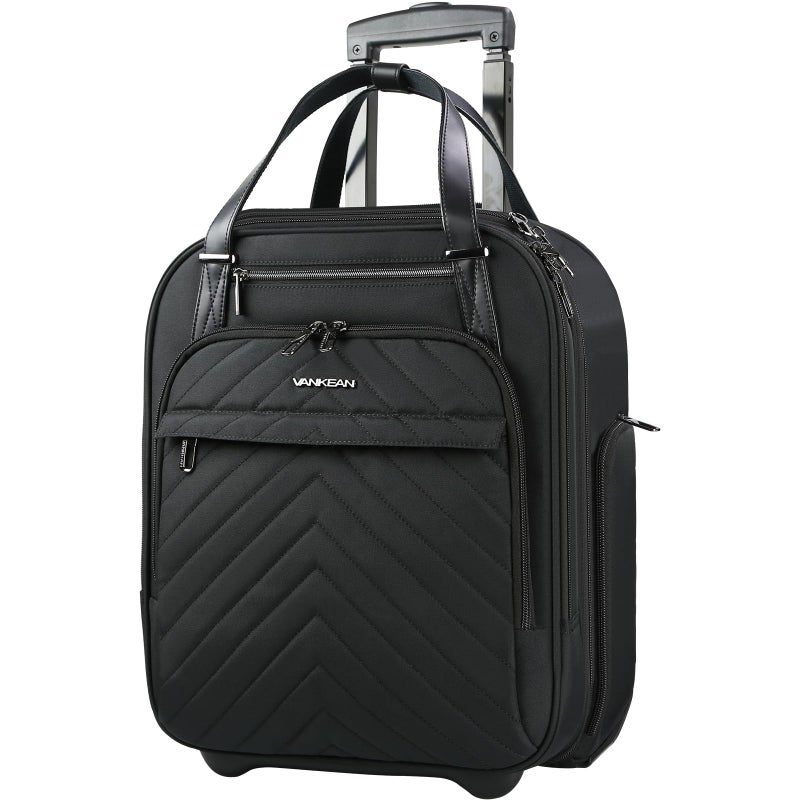 VANKEAN Carry On Underseat 16-inch Multi-functional Underseater Lightweight Overnight Suitcase with Wheels Roller Case for Women Men Travel Business, Black - Image 1