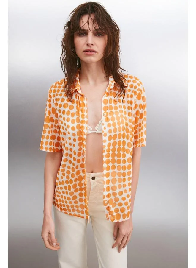 GRIMELANGE Grimelange Enora Women's Short Sleeve Chiffon Orange / Patterned Shirt