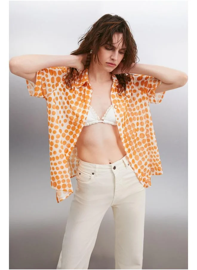 GRIMELANGE Grimelange Enora Women's Short Sleeve Chiffon Orange / Patterned Shirt