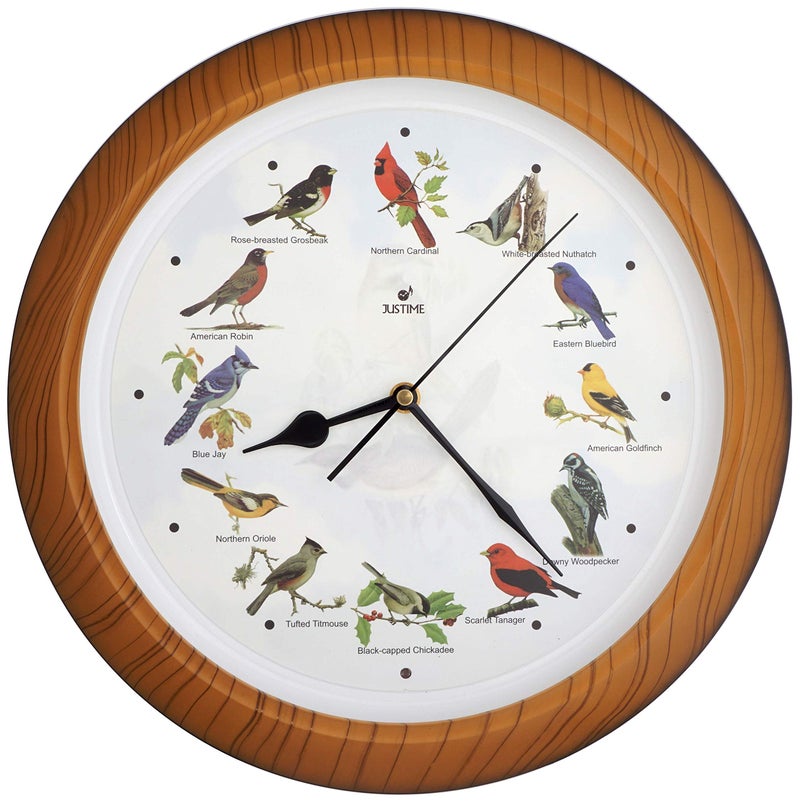 JUSTIME Lovely Collection 14inch Plays 12 Popular North American Birds Songs Wall Clock Mantel Clock Home Deco Multicolor TCBD007W Faux Wood