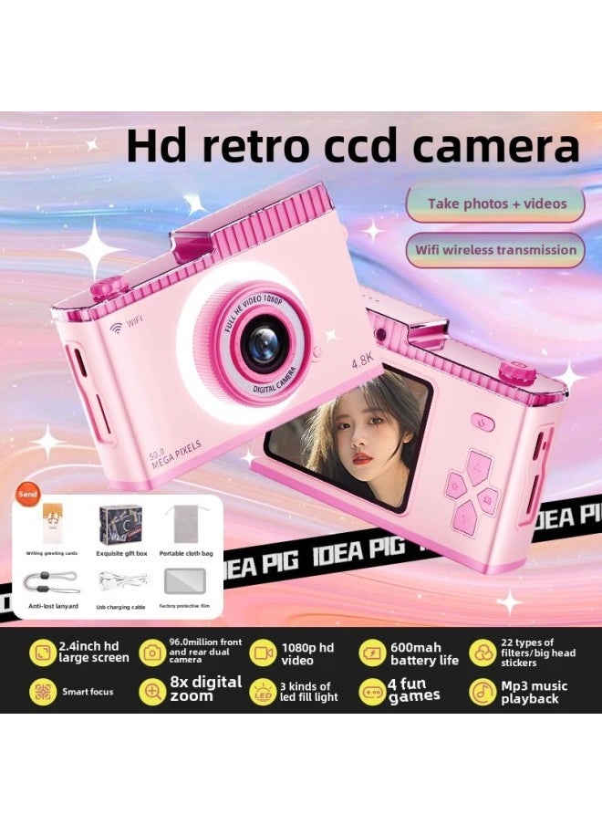 Generic Retro Ccd Camera Soul Student Party HD Digital Photo Girl Children Small Tour-Color:Upgraded "girl Pink" Front And Rear 9600w⋆ Wifi Transmission⋆ Automatic Focusing⋆ Three-color Fill Light⋆ Various Filters-16g Apple Version [memory Card +  - Image 1