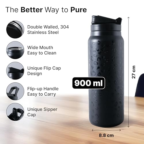 UMAI Stainless Steel Vacuum Insulated Printed Water Bottle | 900 ml | Keeps Contents Cold/Warm Upto 6-12 Hours | BPA Free | Gym | Office | Home | Travel | Black-Leopard Print - Image 3