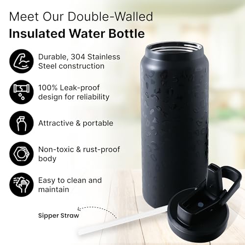 UMAI Stainless Steel Vacuum Insulated Printed Water Bottle | 900 ml | Keeps Contents Cold/Warm Upto 6-12 Hours | BPA Free | Gym | Office | Home | Travel | Black-Leopard Print - Image 2