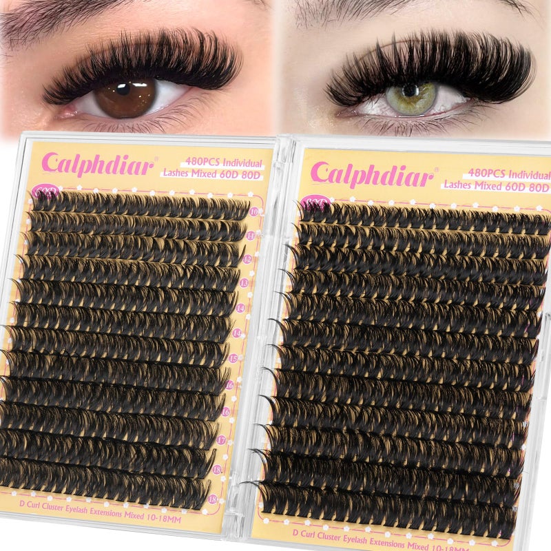 calphdiar Lashes Clusters 60D+80D Thick Eyelash Clusters 480PCS Wispy Lash Clusters Eyelash Extensions Fluff D-curly Individual Lashes 10-18mm DIY Volume Lash Extension at Home - Image 1