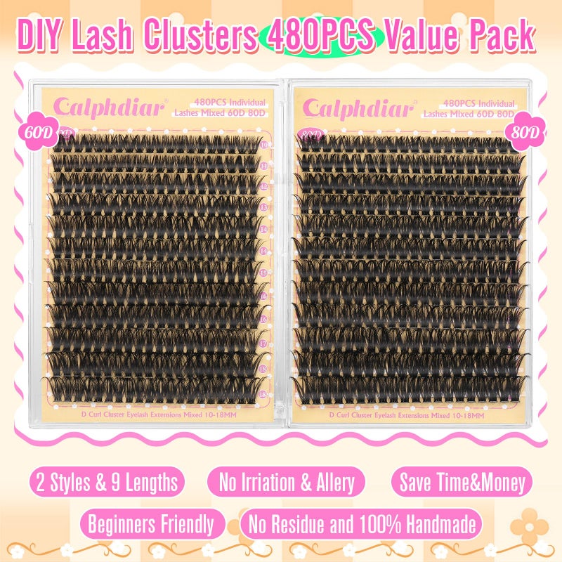 calphdiar Lashes Clusters 60D+80D Thick Eyelash Clusters 480PCS Wispy Lash Clusters Eyelash Extensions Fluff D-curly Individual Lashes 10-18mm DIY Volume Lash Extension at Home - Image 2