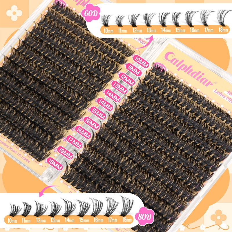 calphdiar Lashes Clusters 60D+80D Thick Eyelash Clusters 480PCS Wispy Lash Clusters Eyelash Extensions Fluff D-curly Individual Lashes 10-18mm DIY Volume Lash Extension at Home - Image 4