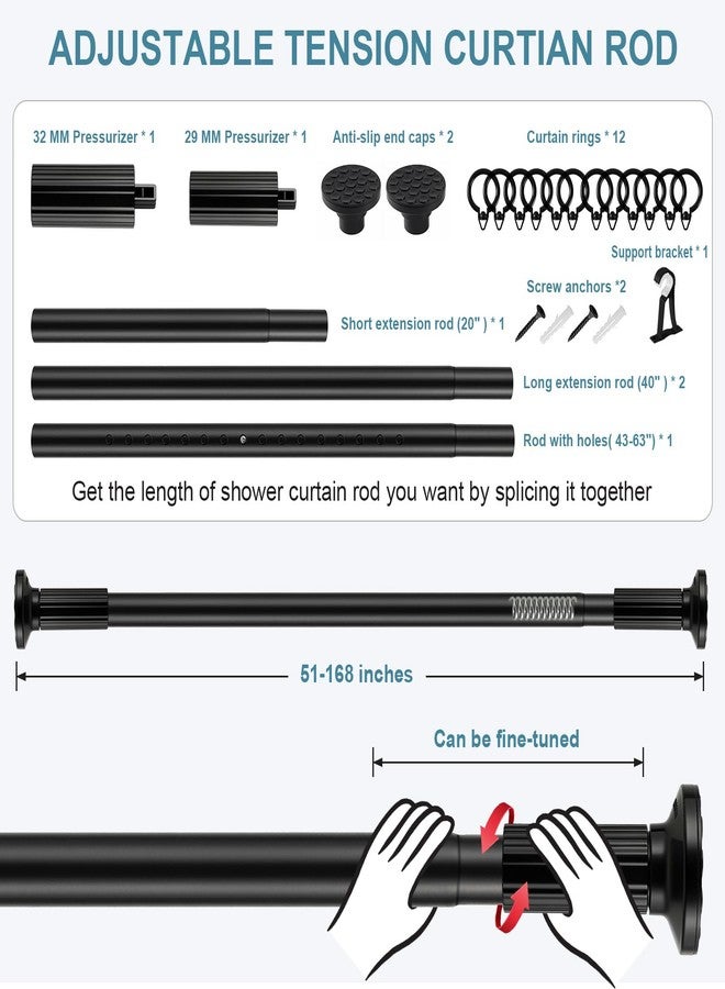ZOCONE Tension Curtain Rod 51-168 In (4.25-14 Ft), Extra Long Tension Curtain Rod for Patio, Outdoor Curtain Rod No Drilling, Adjustable Spring Shower Rod for Bathroom Window Easy to Install No Rust, Black - Image 3