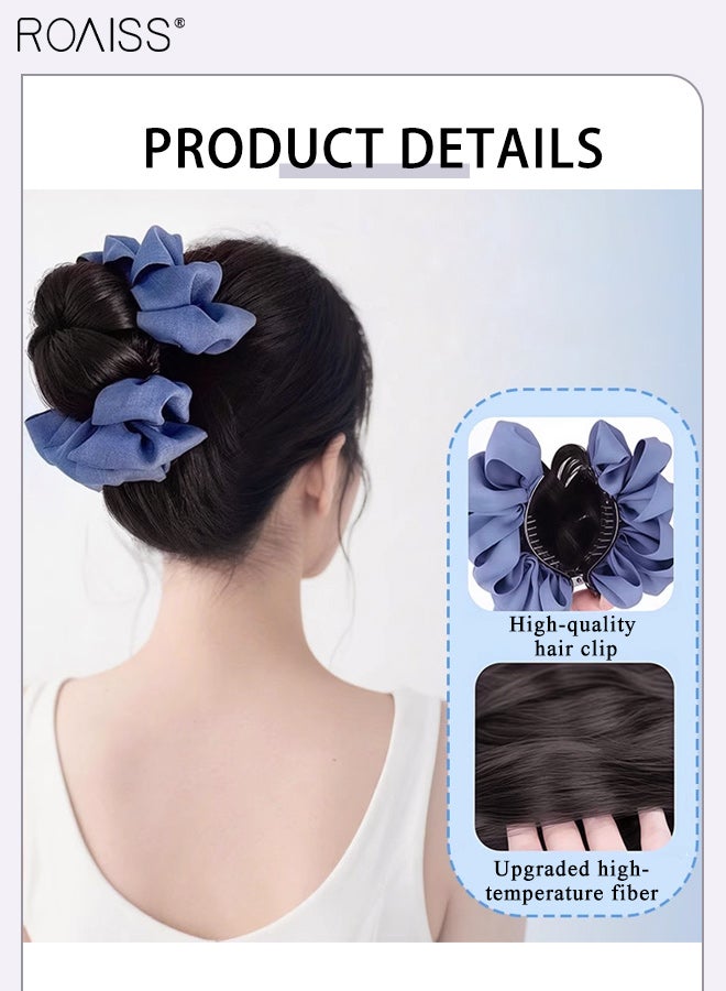 رويس مشبك شعر أزرق جينز مزين بالزهور، شعر مستعار صناعي مقاوم للحرارة العالية، كعكة شعر كثيفة ومنفوشة، إكسسوار حفلات نسائي، مناسب للسيدات الأنيقات، بني وأسود - Image 2