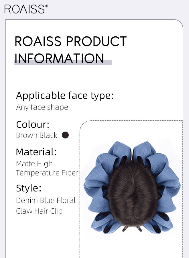 رويس مشبك شعر أزرق جينز مزين بالزهور، شعر مستعار صناعي مقاوم للحرارة العالية، كعكة شعر كثيفة ومنفوشة، إكسسوار حفلات نسائي، مناسب للسيدات الأنيقات، بني وأسود - Image 5