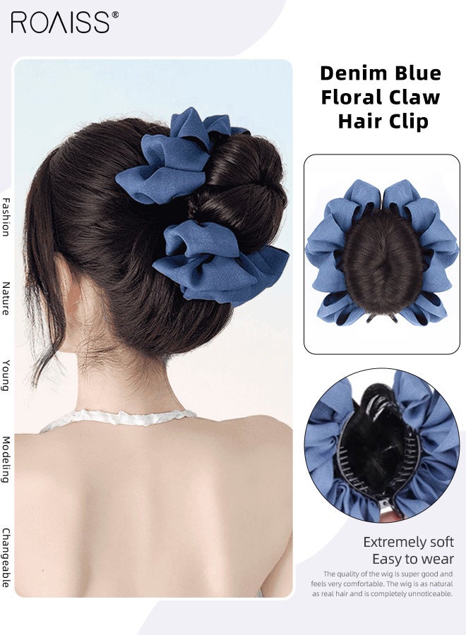 رويس مشبك شعر أزرق جينز مزين بالزهور، شعر مستعار صناعي مقاوم للحرارة العالية، كعكة شعر كثيفة ومنفوشة، إكسسوار حفلات نسائي، مناسب للسيدات الأنيقات، بني وأسود - Image 1