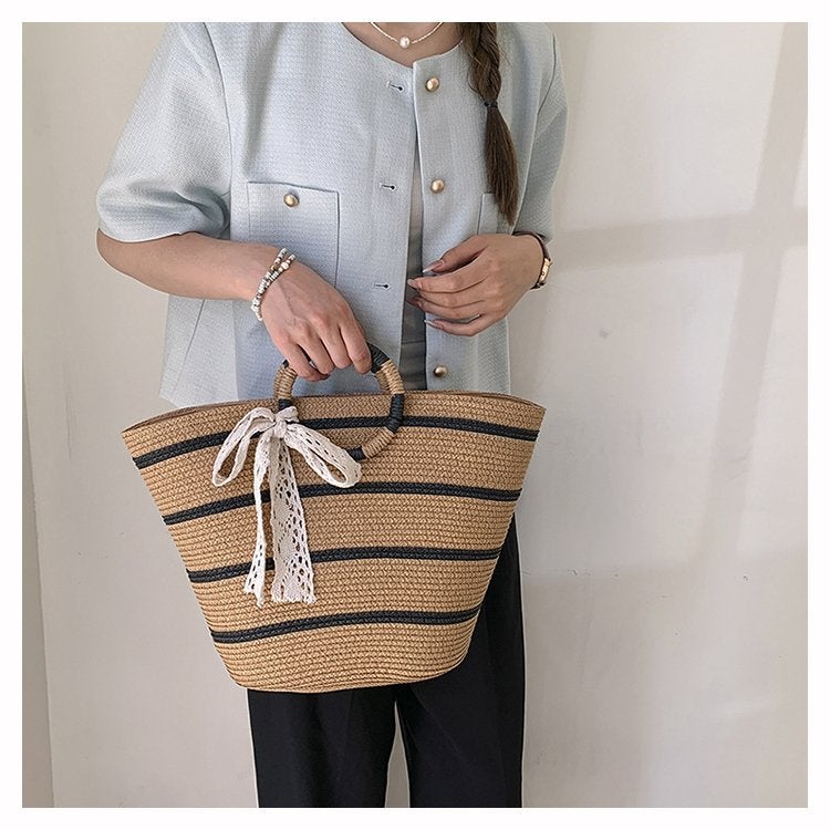 Ring Portable Large Capacity Straw Woven Bag New Striped Tote Straw Woven Bag Seaside Holiday Beach Bag Women'S Bag