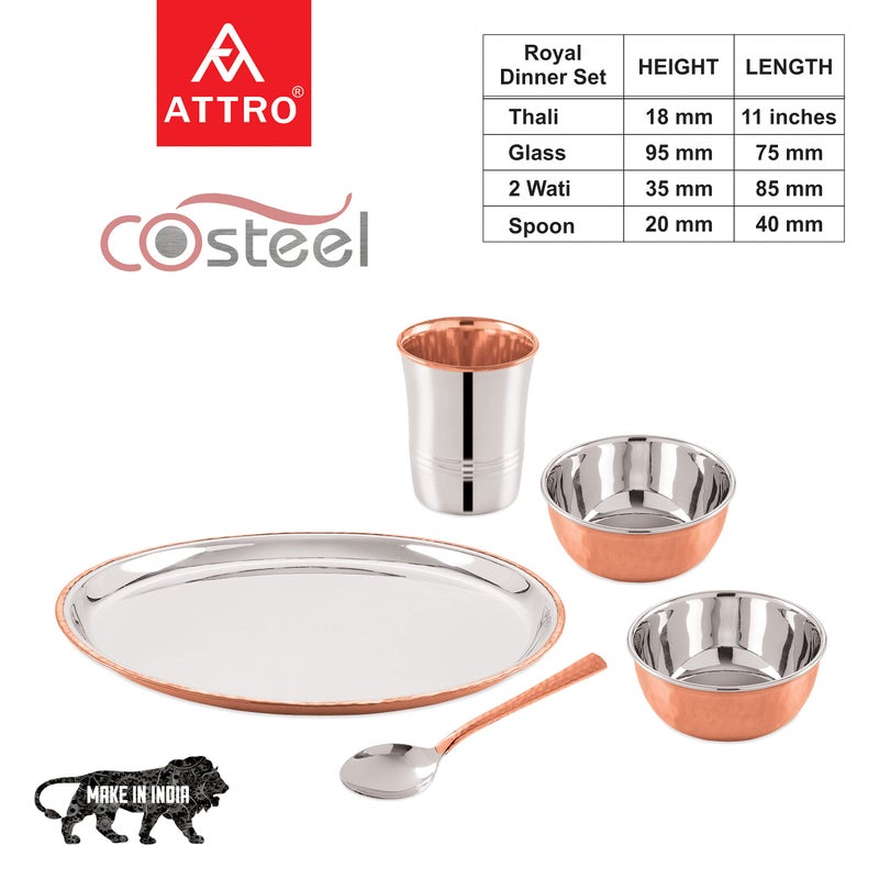 Attro Royal Stainless Steel Copper (Costeel) Traditional Hammered Finish Dinner Set/Thali Set, 5 Pieces (ATTRO_ROYALCOSTL_DN_Set) - Image 5