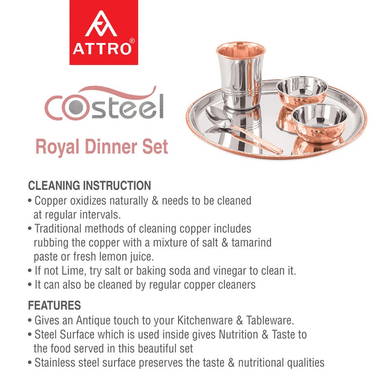 Attro Royal Stainless Steel Copper (Costeel) Traditional Hammered Finish Dinner Set/Thali Set, 5 Pieces (ATTRO_ROYALCOSTL_DN_Set) - Image 4
