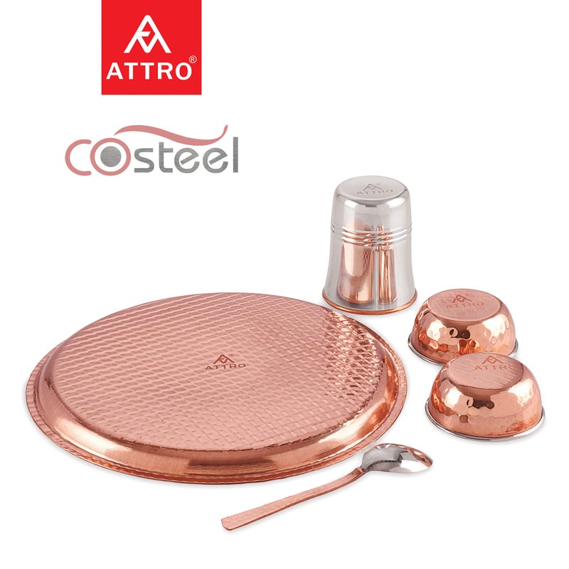 Attro Royal Stainless Steel Copper (Costeel) Traditional Hammered Finish Dinner Set/Thali Set, 5 Pieces (ATTRO_ROYALCOSTL_DN_Set) - Image 2