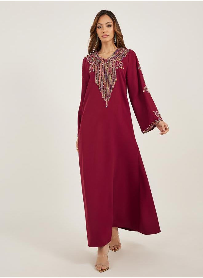 Styli Embroidered V Neck Jalabiya with Rhinestone Detail  - Image 2