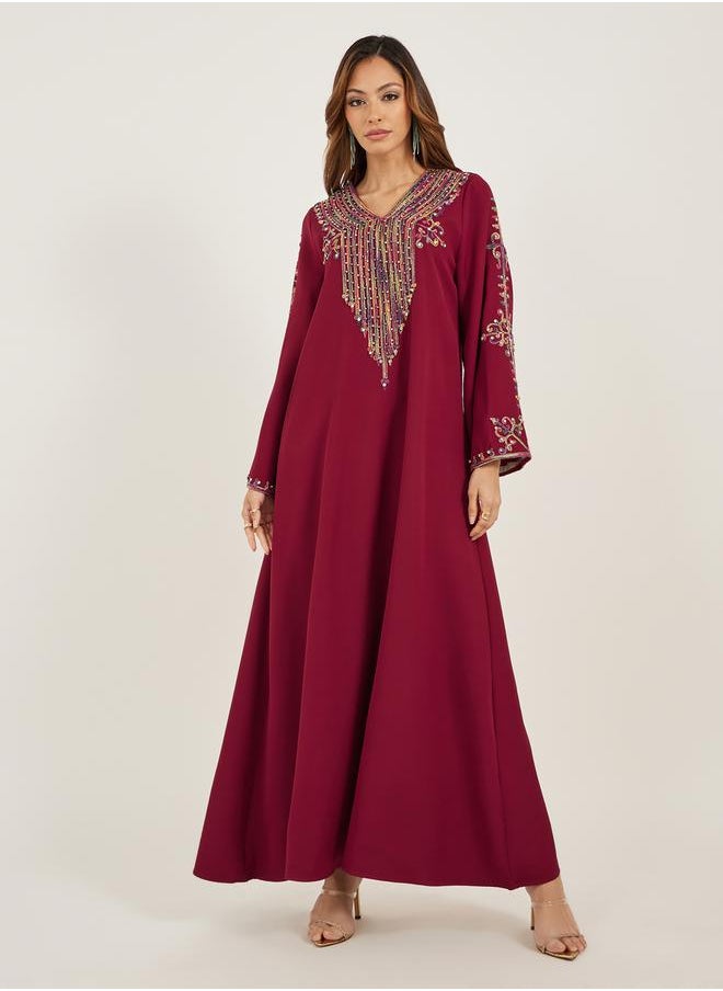 Styli Embroidered V Neck Jalabiya with Rhinestone Detail  - Image 1