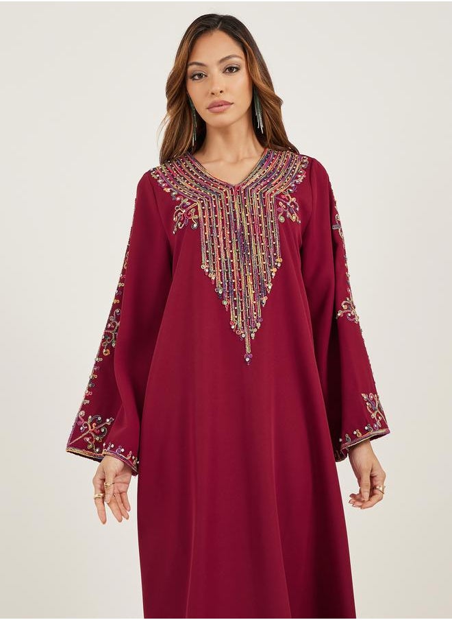 Styli Embroidered V Neck Jalabiya with Rhinestone Detail  - Image 3