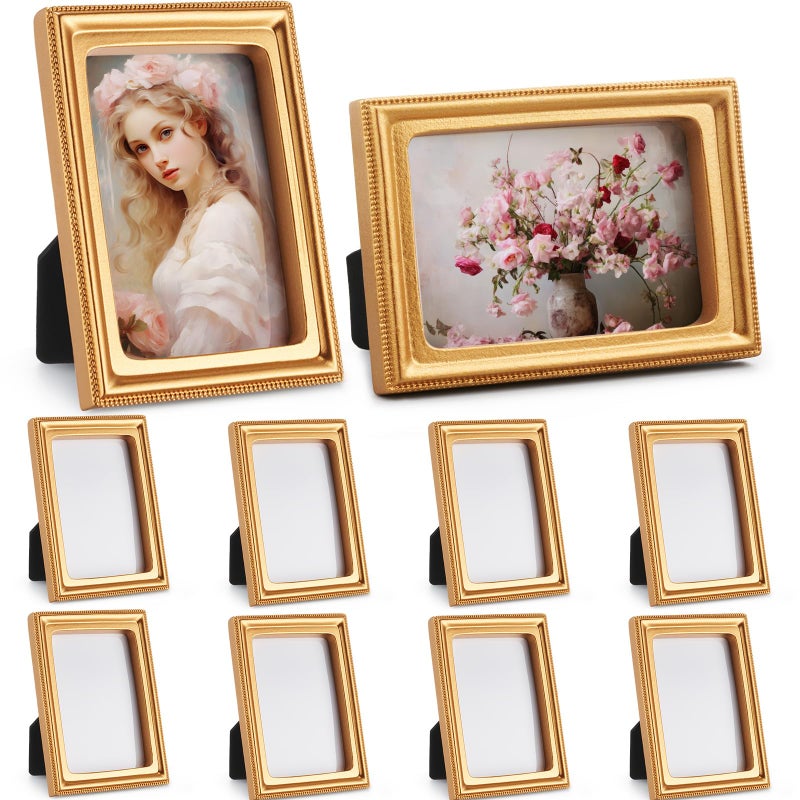AceOrbit 10 Pcs Gold Mini Picture Frames Pack Small Retro Photo Frames with Backboard Antique Vintage Ornate Baroque Ornaments for Wall Hanging Tabletop Display Wedding Christmas Decor (Rectangle) - Image 1
