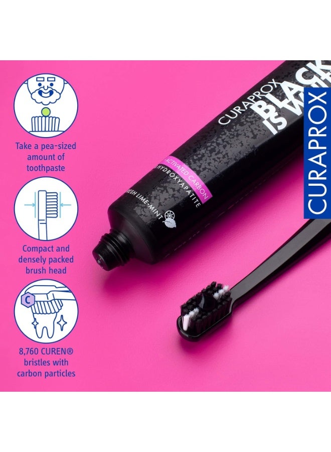 Curaprox Black Is White Whitening Toothpaste with Activated Charcoal 90ml + 5460 Super Soft Toothbrush - Image 4