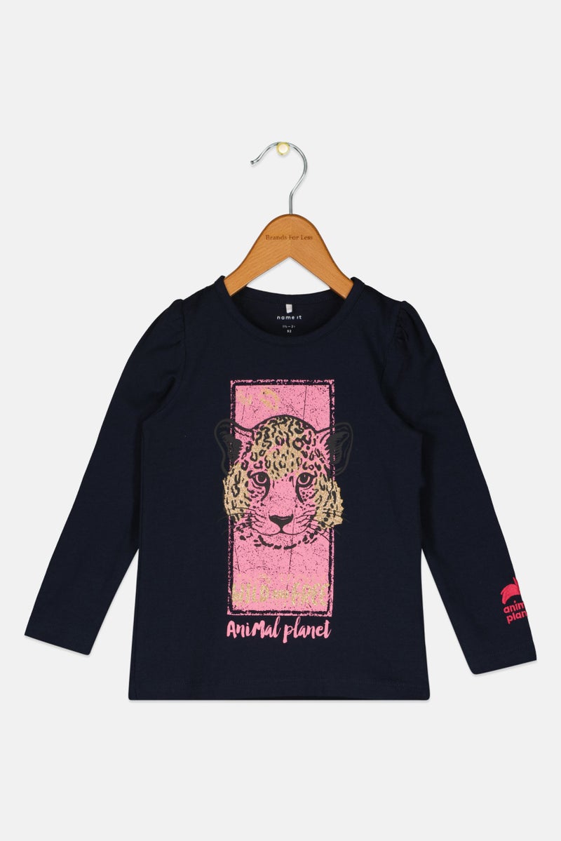 NAME IT Animal Planet Toddlers Girl Crew Neck Long Sleeve Metallic T-Shirt, Navy - Image 1