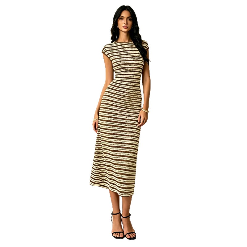 فستان نسائي محبوك بدون أكمام بقصة ضيقة ومخطط - Image 5