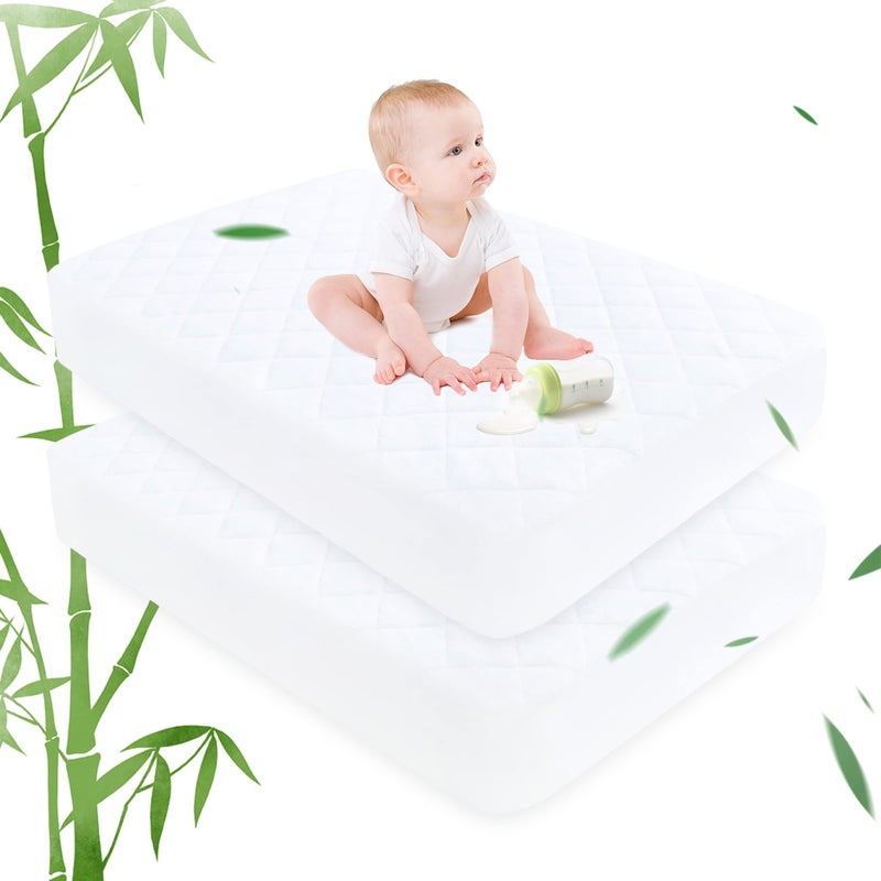Ruili Bamboo Viscose Waterproof Crib Mattress Protector, 2 Pack Quilted Fitted Breathable Toddler Baby Mattress Cover, Organic Bamboo Viscose Soft Crib Mattress Pad, White (52x28 Inches) - Image 1