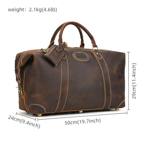 LUUFAN Fullgrain Genuine Leather Travel Bag Large Capacity Luggage Duffel Bag for Men Shoulder Handbag Holiday Business Trip Bag Brown - Image 3