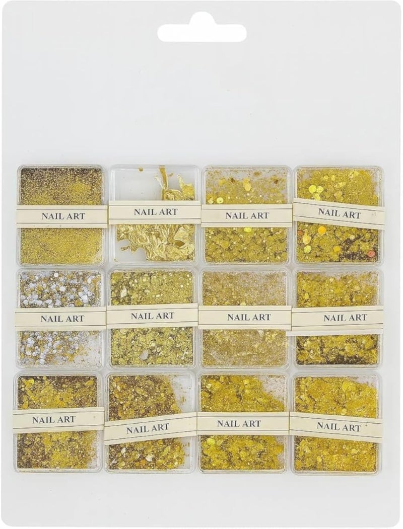 12-Grid Nail Art Decoration Set, Flakes, Sequins & Foil Mix for Acrylic, Gel, Press-On, and Natural Nails â€“ DIY Manicure Decoration (Golden Aura, One Size)