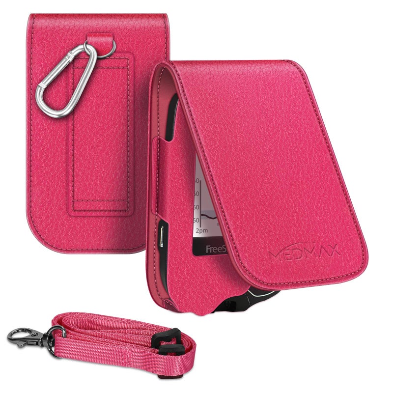 MEDMAX PU Protective Case with Detachable Hanging Lanyard for Freestyle Libre 3 2 Libre Reader Lightweight Shockproof Diabetic Storage Neck Sling Carrying Case with Carabiner Clip Magenta