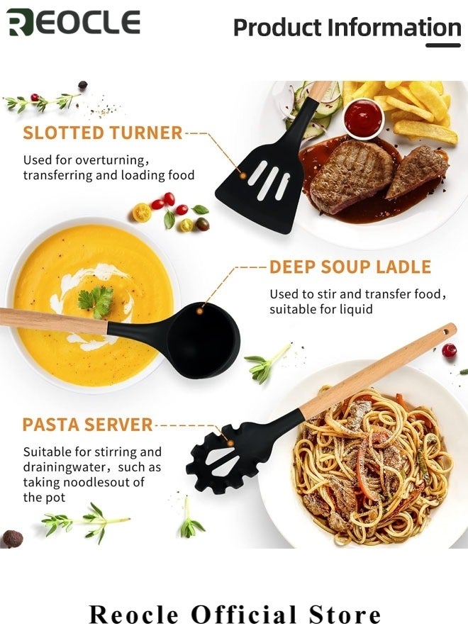ريوكل مجموعة أواني المطبخ 12 قطعة سيليكون أواني الطبخ مجموعة أدوات المطبخ الأدوات مع مقابض خشبية ملاعق ملاعق تيرنر ملقط خفقت للمقالي غير اللاصقة مجموعة تجهيزات المطابخ المقاومة للحرارة - Image 3