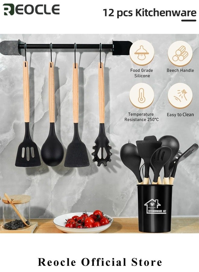ريوكل مجموعة أواني المطبخ 12 قطعة سيليكون أواني الطبخ مجموعة أدوات المطبخ الأدوات مع مقابض خشبية ملاعق ملاعق تيرنر ملقط خفقت للمقالي غير اللاصقة مجموعة تجهيزات المطابخ المقاومة للحرارة - Image 2