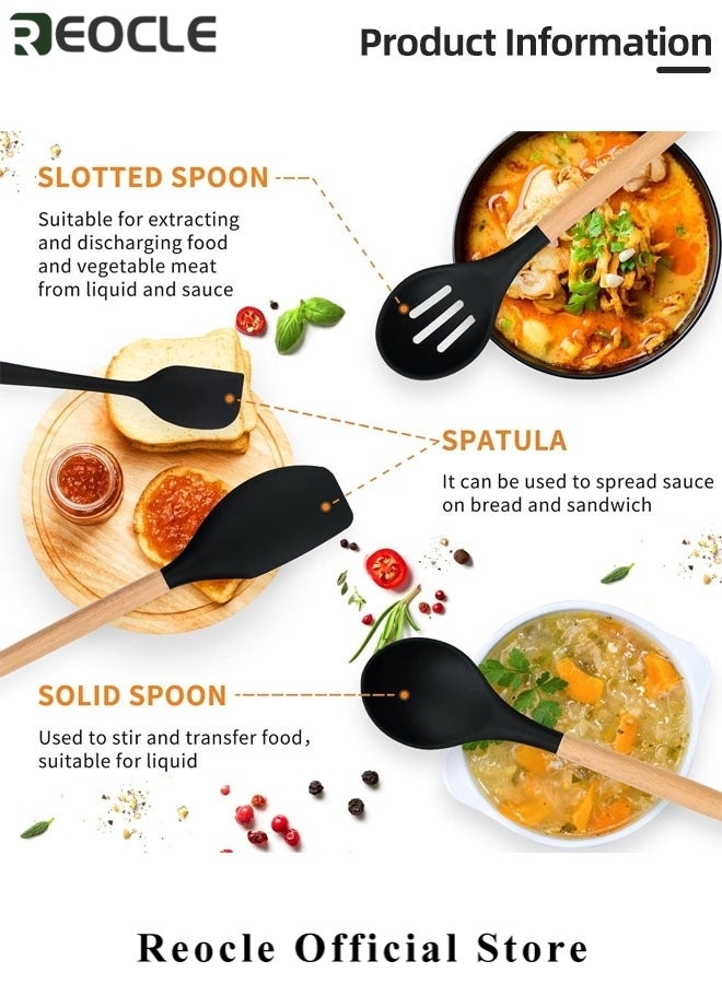 ريوكل مجموعة أواني المطبخ 12 قطعة سيليكون أواني الطبخ مجموعة أدوات المطبخ الأدوات مع مقابض خشبية ملاعق ملاعق تيرنر ملقط خفقت للمقالي غير اللاصقة مجموعة تجهيزات المطابخ المقاومة للحرارة - Image 4