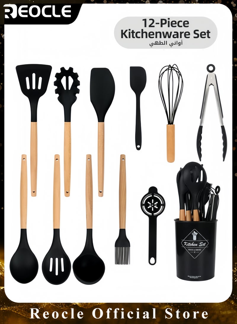 ريوكل مجموعة أواني المطبخ 12 قطعة سيليكون أواني الطبخ مجموعة أدوات المطبخ الأدوات مع مقابض خشبية ملاعق ملاعق تيرنر ملقط خفقت للمقالي غير اللاصقة مجموعة تجهيزات المطابخ المقاومة للحرارة - Image 1