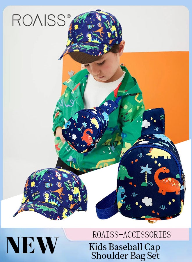 roaiss 2 Pcs Kids Baseball Cap and Shoulder Bag Set, Cartoon Dinosaur Print Sun Hat, Summer Outdoor Travel Sports Peaked Hat and Crossbody Vacation Beach Bag for Boy Girl - Image 1