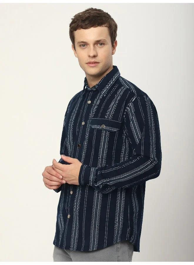 Beyoung Navy Blue Striped Cotton Corduroy Shirt