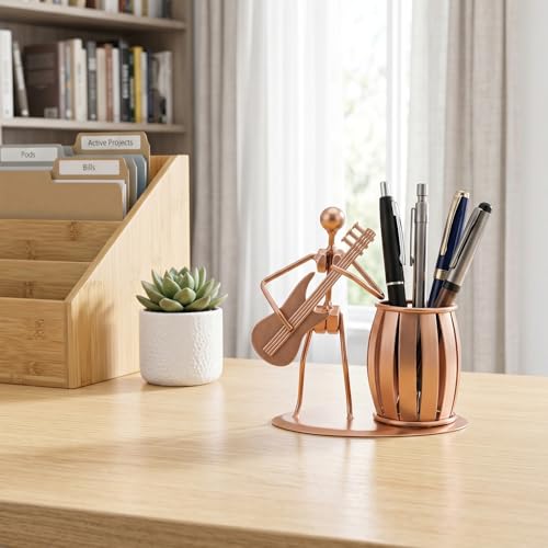 MyGift Pen Holder for Desk Decorative Pencil Cup with Guitar Design Accessories Decor for Men Gunmetal Gray Metal Desk - Image 3