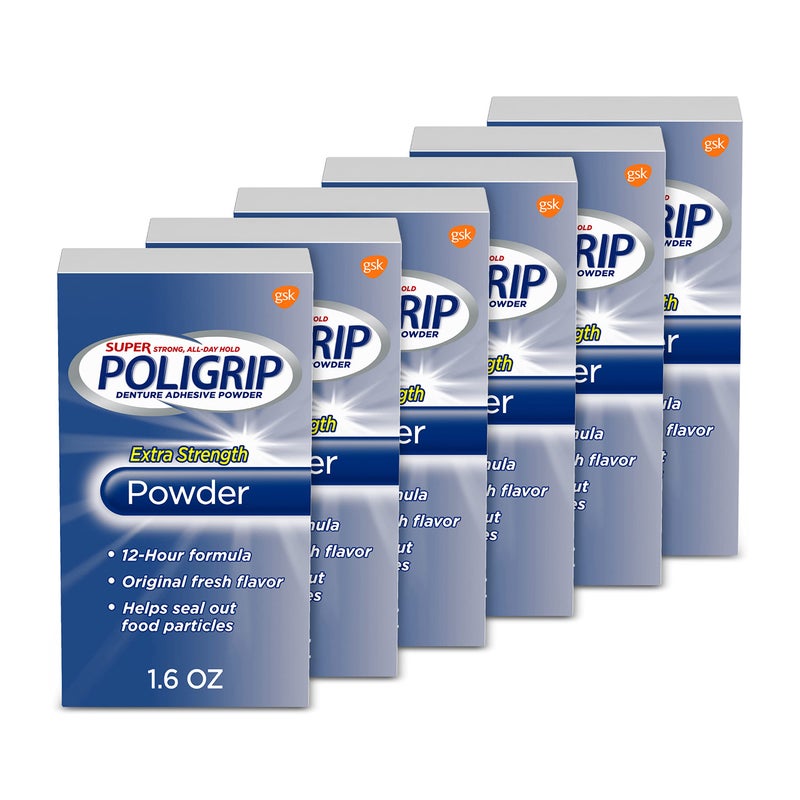 Poligrip Super Poligrip Extra Strength Denture Adhesive Powder, Denture Powder for Dentures - 1.6 Ounces (Pack of 6) - Image 1