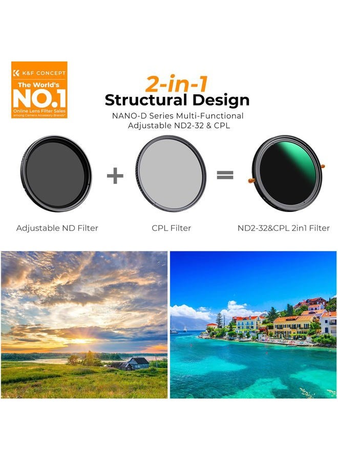 K&F Concept فلتر ND2-32 المتغير 49 مم وفلتر CPL الدائري في 1 لعدسة الكاميرا، فلتر الاستقطاب المحايد المقاوم للماء (سلسلة Nano-D) - Image 2