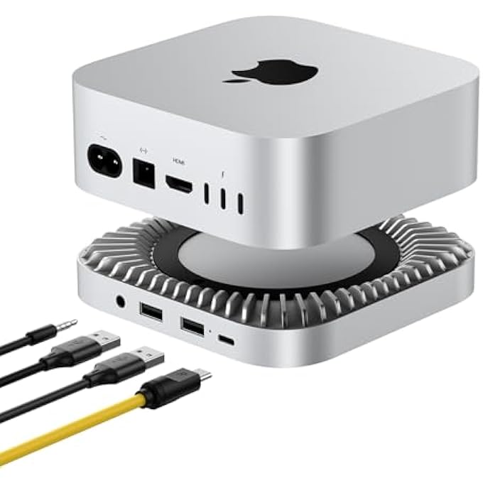 rayihni ALUMINIUM STAND & HUB FOR MAC MINI M4/M4 PRO (2024) WITH 40GBPS NVME HOUSING, 2X USB-A, USB-C, AUDIO - Image 1