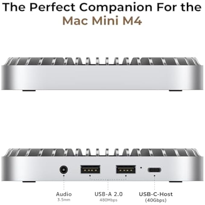 rayihni ALUMINIUM STAND & HUB FOR MAC MINI M4/M4 PRO (2024) WITH 40GBPS NVME HOUSING, 2X USB-A, USB-C, AUDIO - Image 3